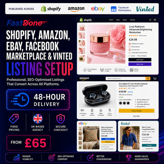 🛒 Shopify, Amazon, eBay, Facebook Marketplace & Vinted Listing Setup — Delivered in 48 Hours