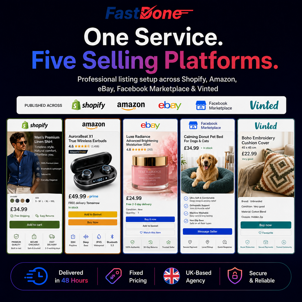 🛒 Shopify, Amazon, eBay, Facebook Marketplace & Vinted Listing Setup — Delivered in 48 Hours