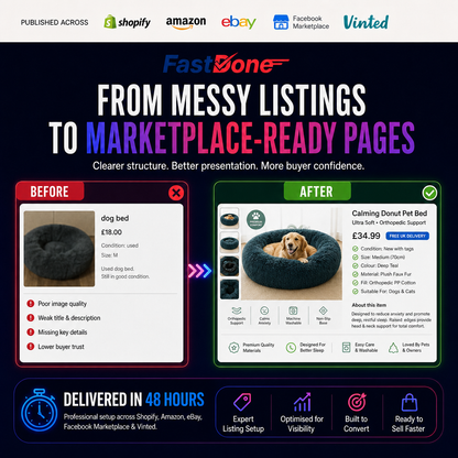 🛒 Shopify, Amazon, eBay, Facebook Marketplace & Vinted Listing Setup — Delivered in 48 Hours